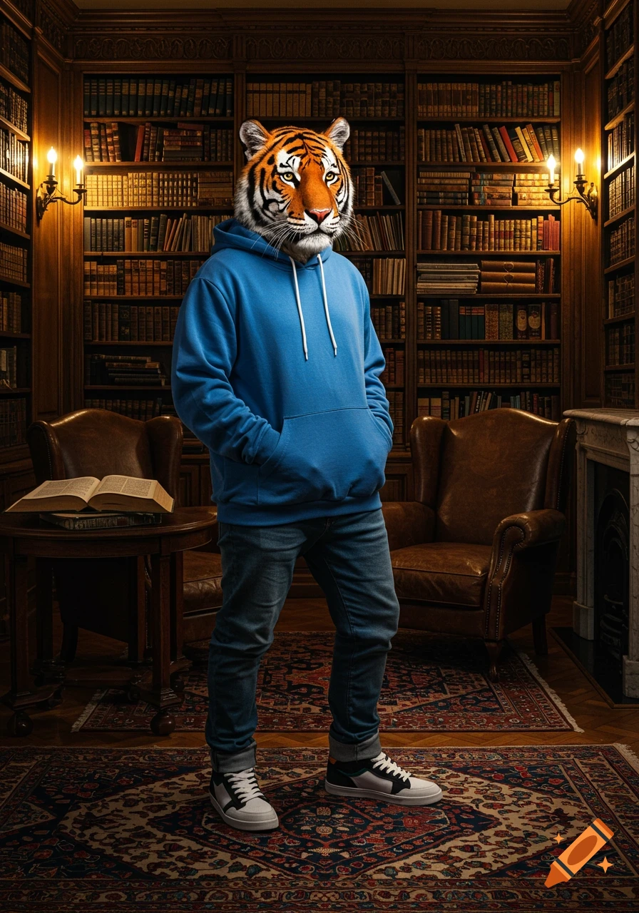 A photorealistic anthropomorphic tiger wearing a blue hoodie, jeans, and sneakers stands in a cozy vintage library.