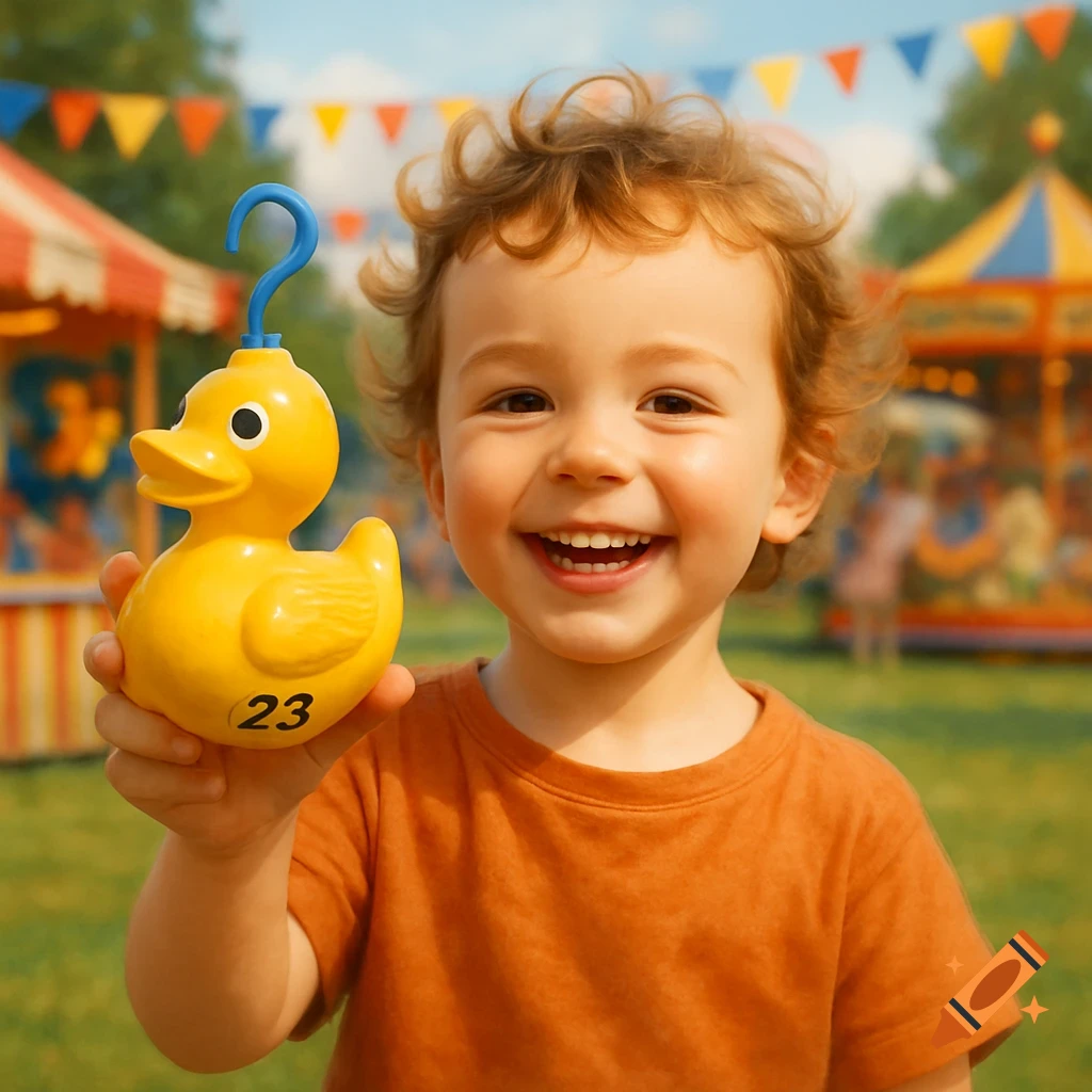 A smiling child holds a yellow rubber duck with a hook on its head and the number 23, at a vibrant carnival.