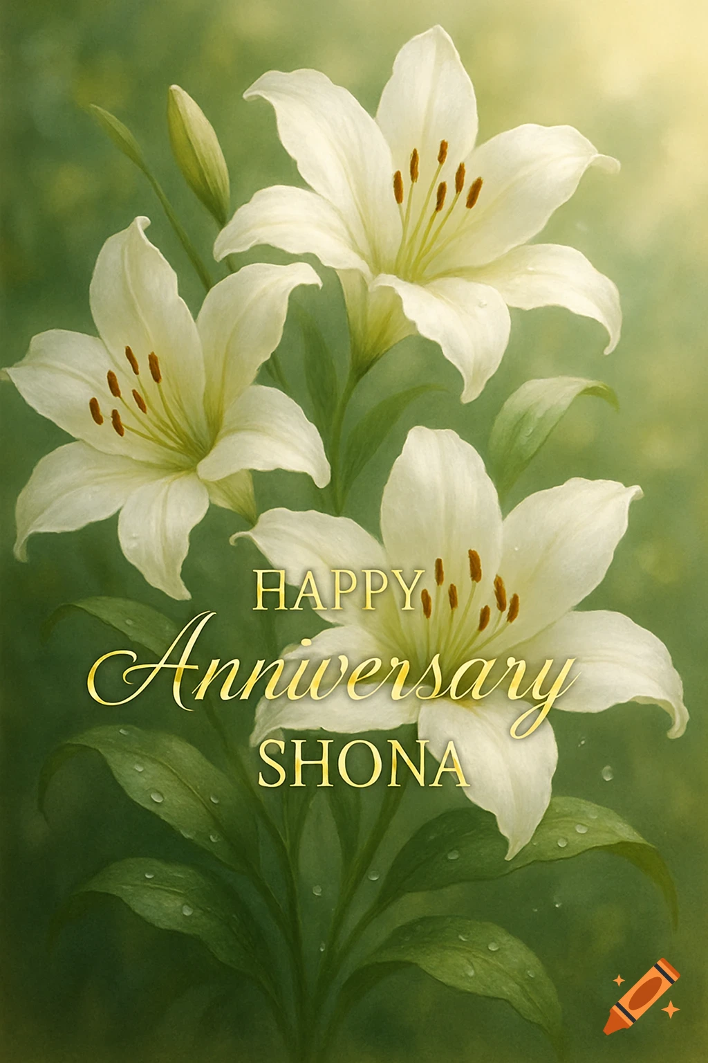 White lilies with 'Happy Anniversary Shona' written in gold text, against a soft green background in a painted style.