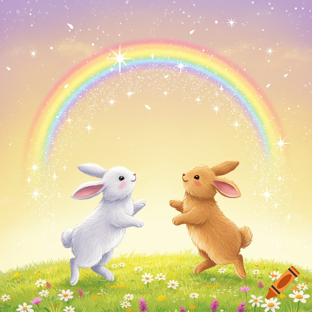 Two cute white and brown bunnies dancing under a vibrant rainbow with sparkling stars in a field of white and purple flowers.