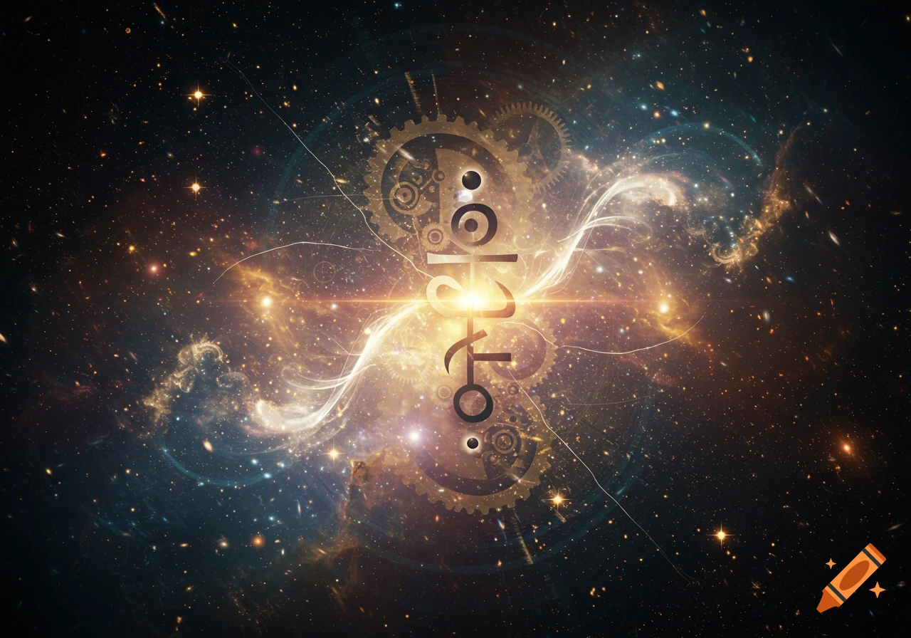 A bright light emanates from a central abstract symbol surrounded by gears and swirls of light within a vast starry galaxy.