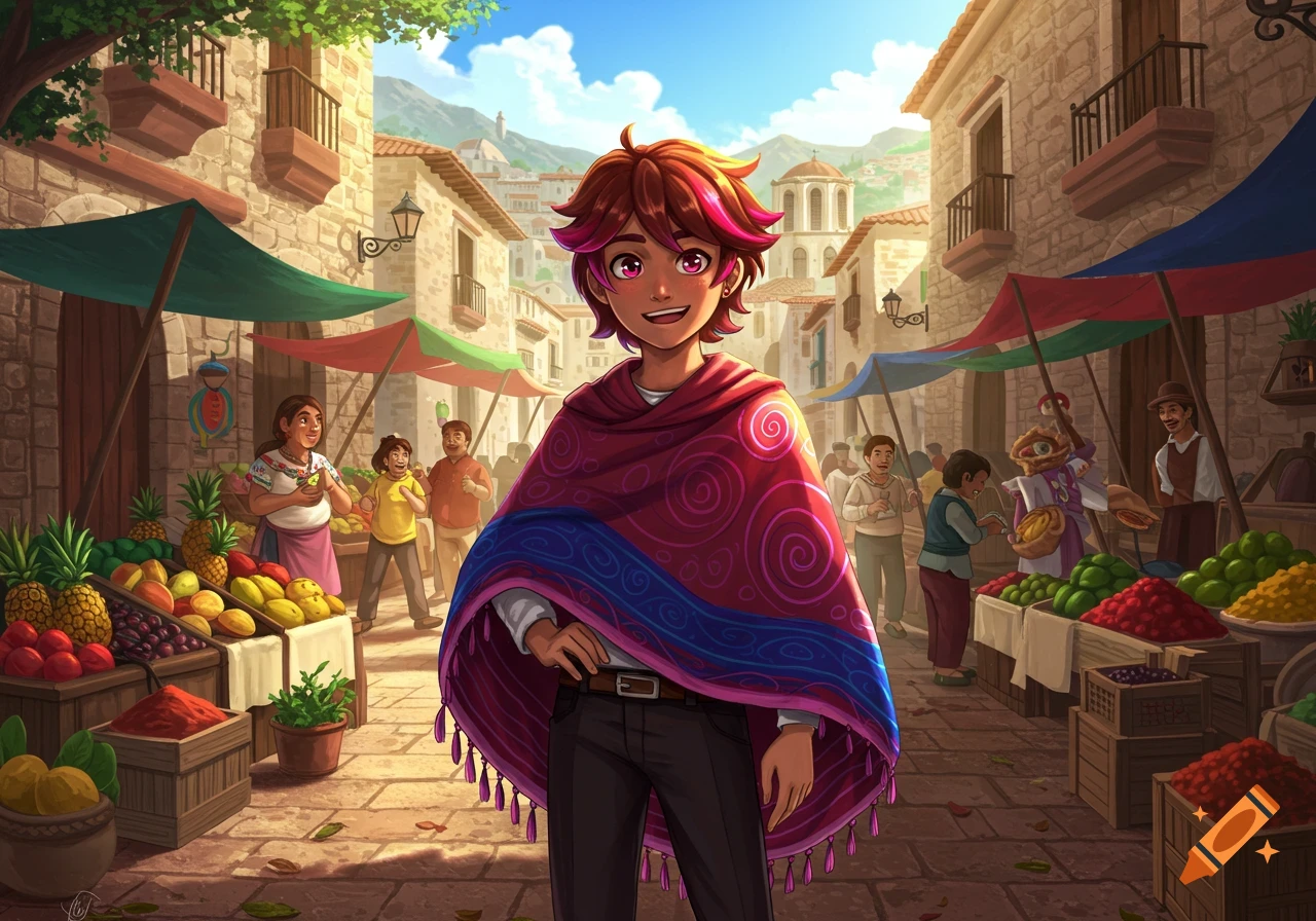 A vibrant anime-style image of a Hispanic character in a colorful poncho standing in a busy outdoor market.
