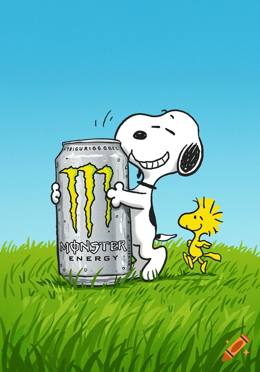 Cartoon of Snoopy hugging a Monster Energy can in a grassy field, with Woodstock walking nearby under a blue sky.