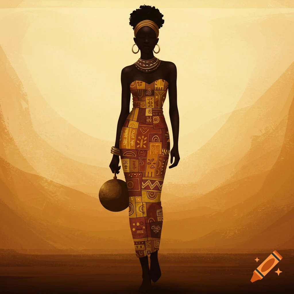 An elegant dark-skinned woman in a vibrant, patterned strapless dress and gold jewelry walks forward, holding a sphere, against a warm, abstract golden-brown background.