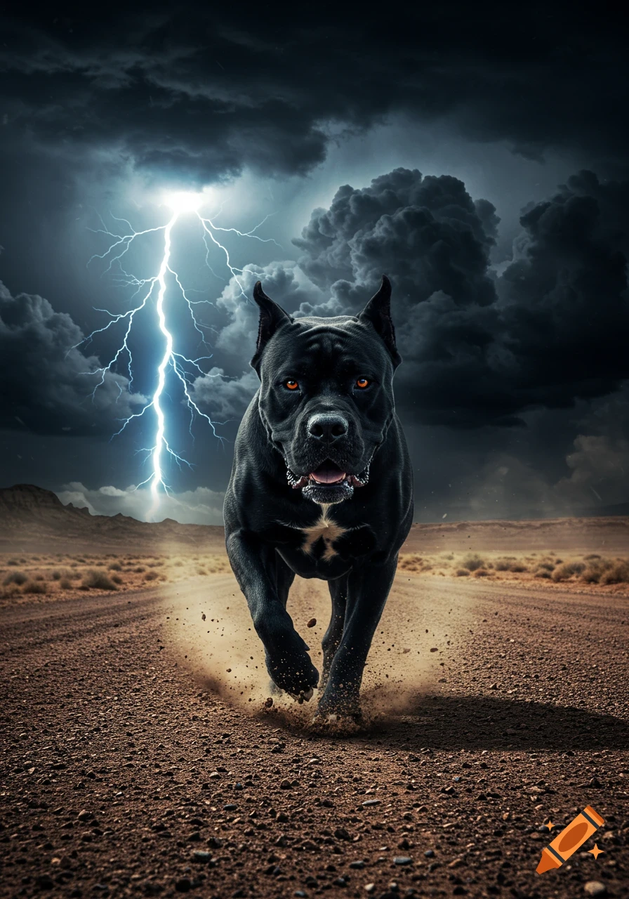A powerful black mastiff with fiery orange eyes runs on a desert gravel road under a dark, stormy sky with a bright lightning bolt.