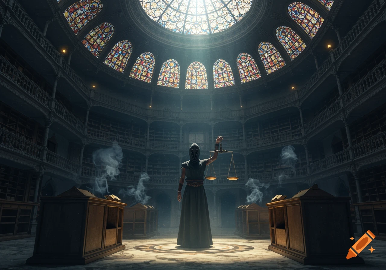 A dark hooded figure stands in a vast, ornate library hall with stained glass windows, holding a golden scale.