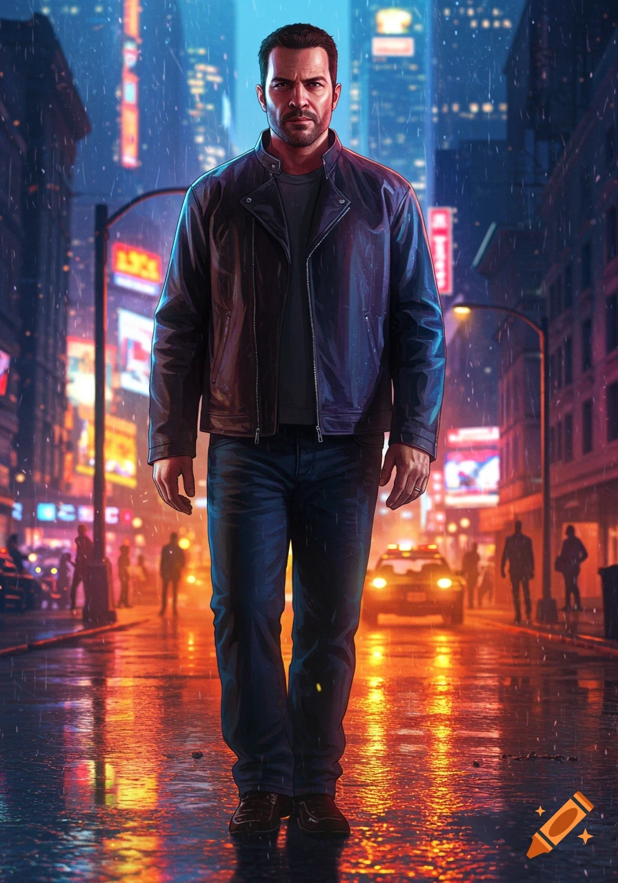 A serious man in a leather jacket walks alone on a wet city street at night, with neon lights reflecting on the pavement during a rainfall.