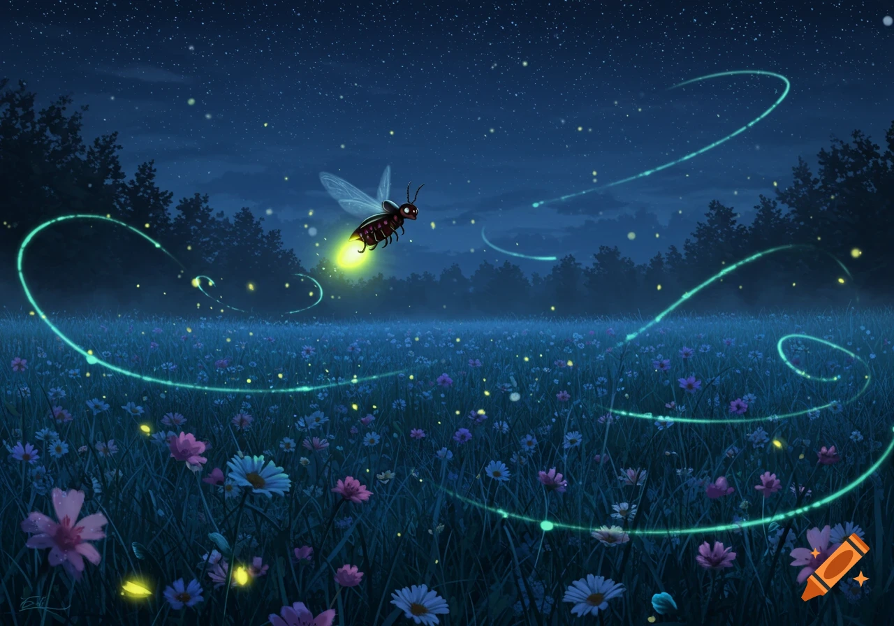 An illustrative depiction of a firefly glowing brightly as it flies through a flower-filled meadow at night, leaving luminous trails.