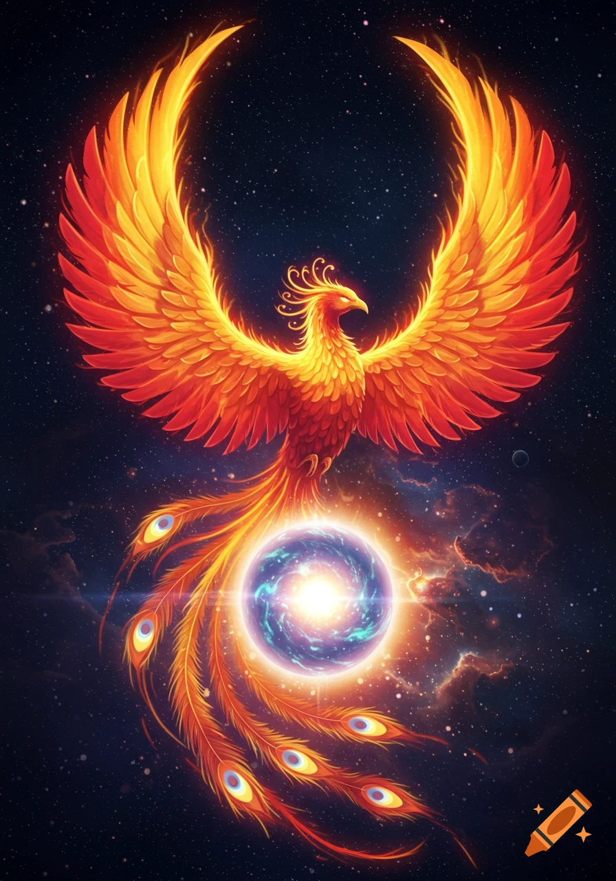Vibrant fiery phoenix with wings forming an arc, soaring in a starry cosmic sky above a glowing blue and purple sphere.