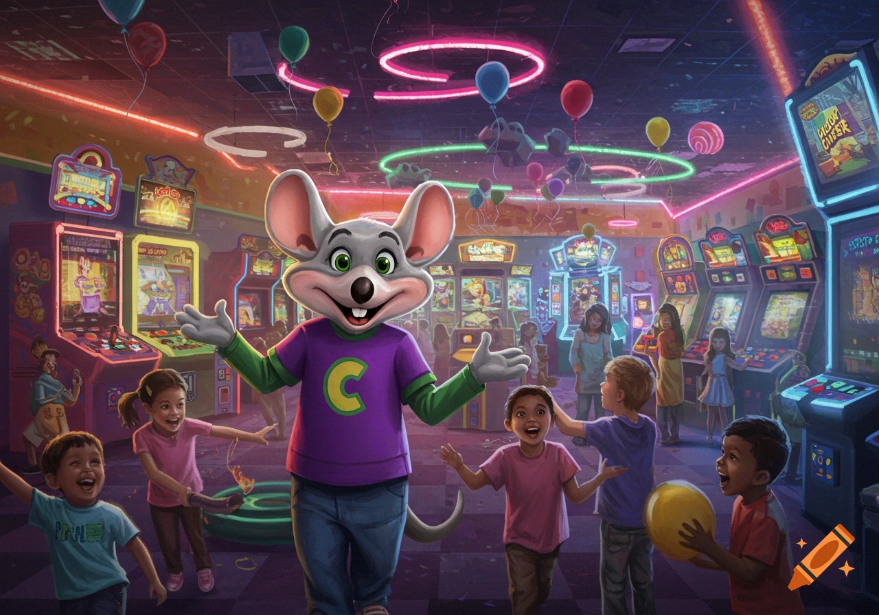 Chuck E. Cheese mascot smiling with arms outstretched in a neon-lit arcade, surrounded by happy children playing games.