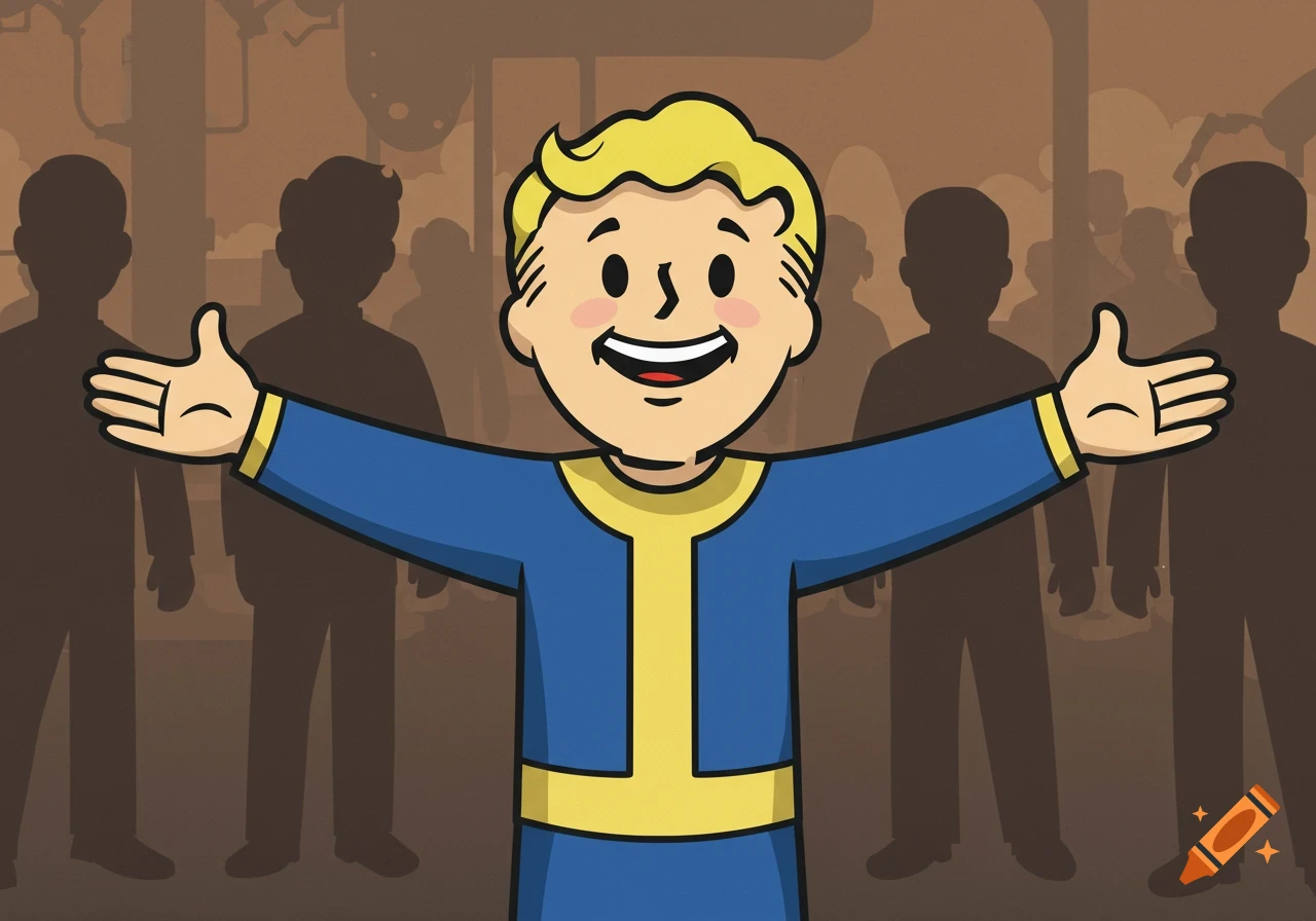 Cartoon illustration of Vault Boy from Fallout, smiling with arms open wide in front of shadowy figures.