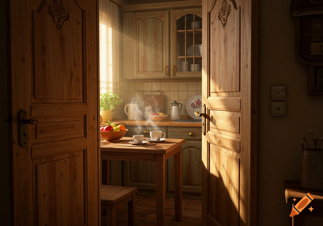 Photorealistic view into a sunlit kitchen from a doorway, with a table, fruit bowl, and steaming cups.