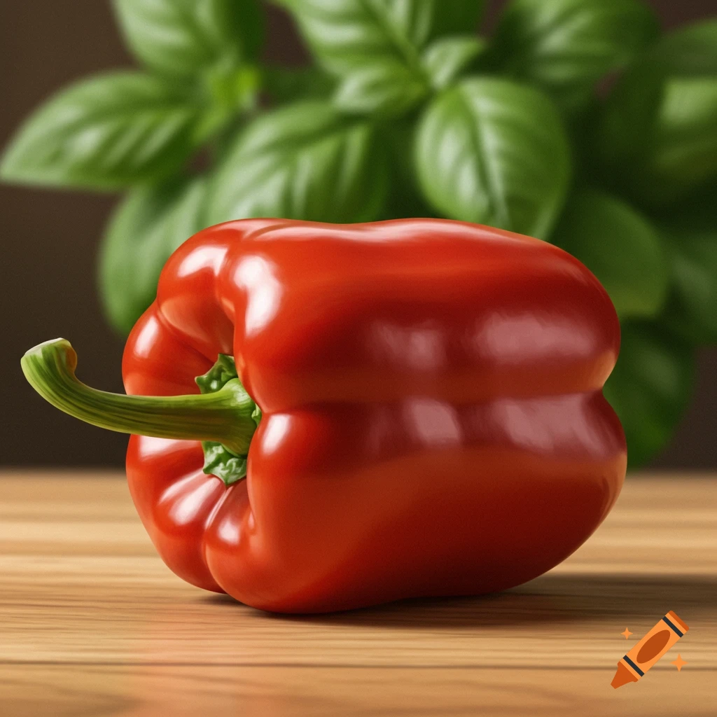 A vibrant red bell pepper lies on a light wooden surface, with blurred green basil leaves in the background. Photorealistic style.