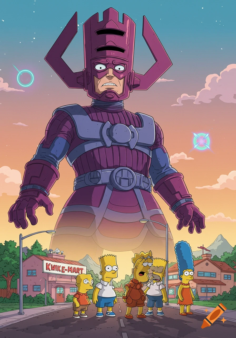 A giant Galactus looms over Homer, Bart, Lisa, and Maggie Simpson on a street in a Simpsons-style town, with Kwik-E-Mart in the background.