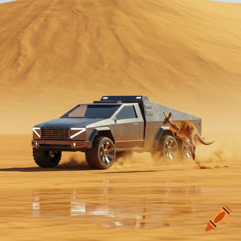 A futuristic, dark 6-wheeled truck kicks up dust in a sandy desert, with a kangaroo hopping beside it.