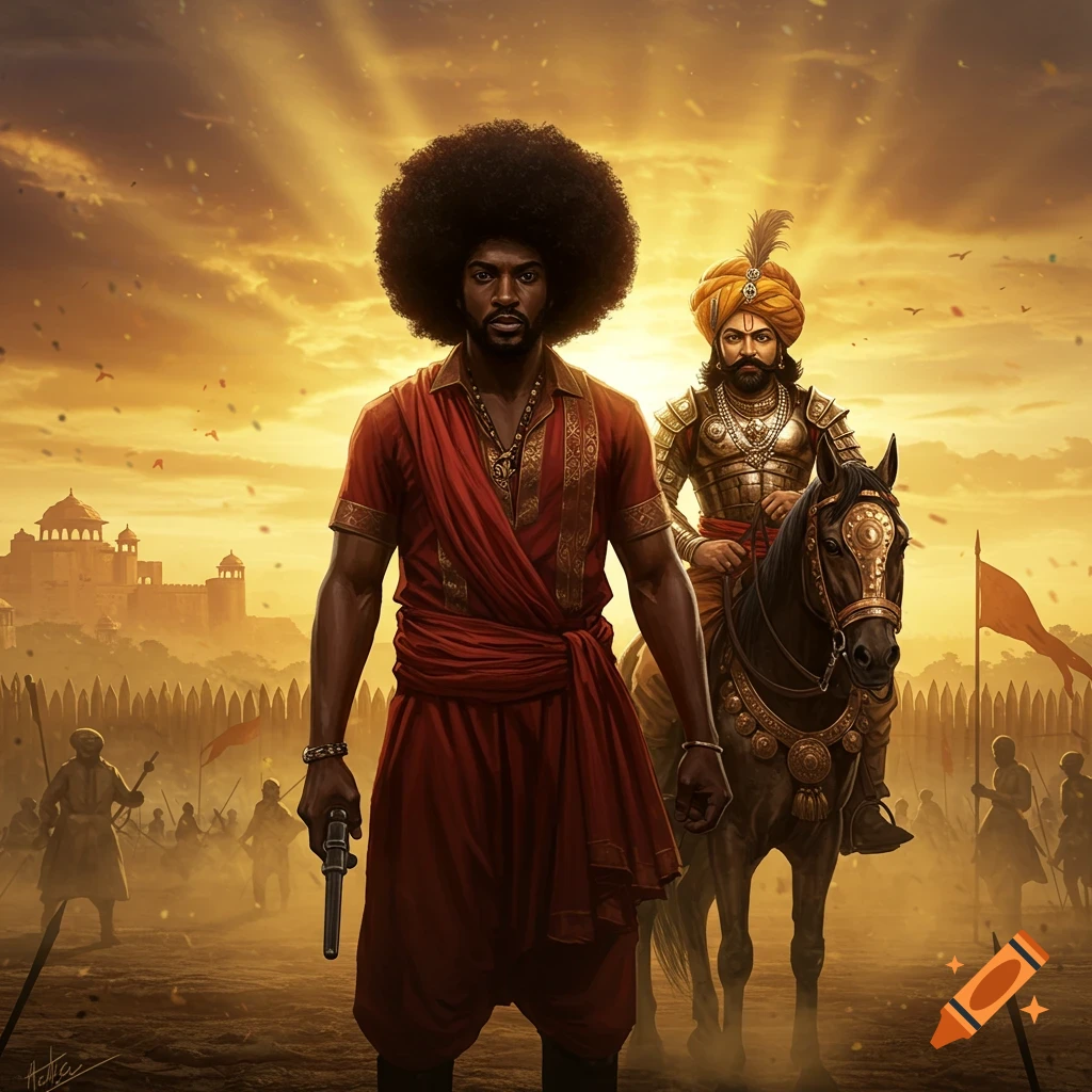 A man with a large afro in red robes holds a pistol, standing in front of a warrior on horseback in a golden, dusty battlefield at sunset.