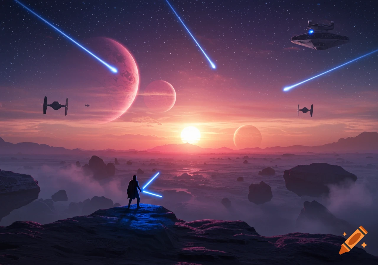 A lone figure with a blue double-bladed lightsaber stands on a cliff overlooking a misty alien landscape with planets, a sunset, and spaceships in a starry sky.