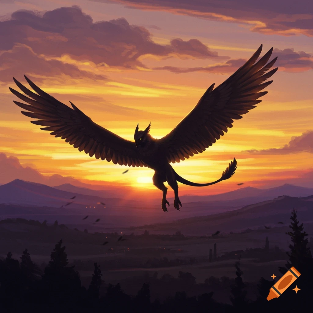 A dark silhouette of a griffin with large wings flies over a mountainous landscape at sunset.
