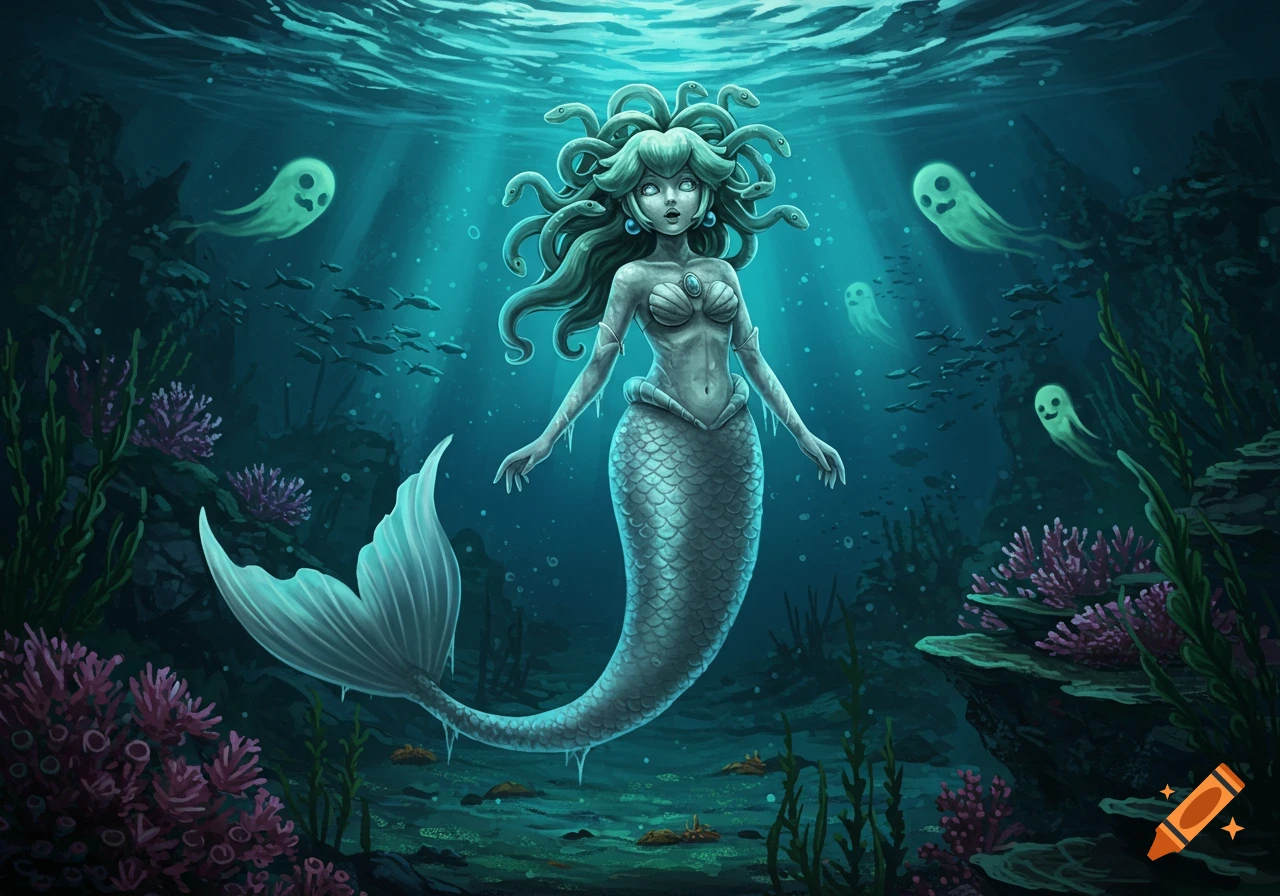 A mermaid resembling Princess Peach with snake hair, floating petrified underwater among glowing green ghosts, fish, and coral.
