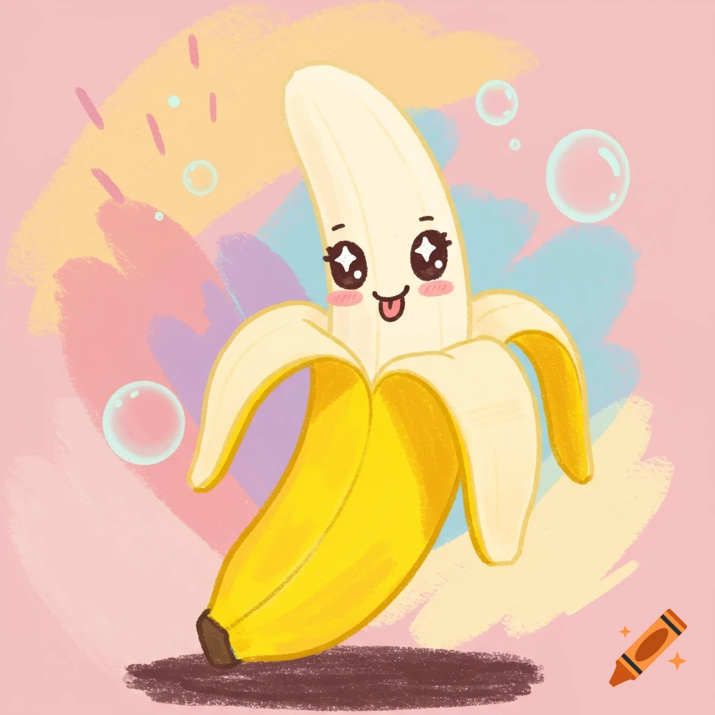 A cute, smiling, half-peeled cartoon banana with rosy cheeks and sparkling eyes, set against a colorful pastel background with bubbles.
