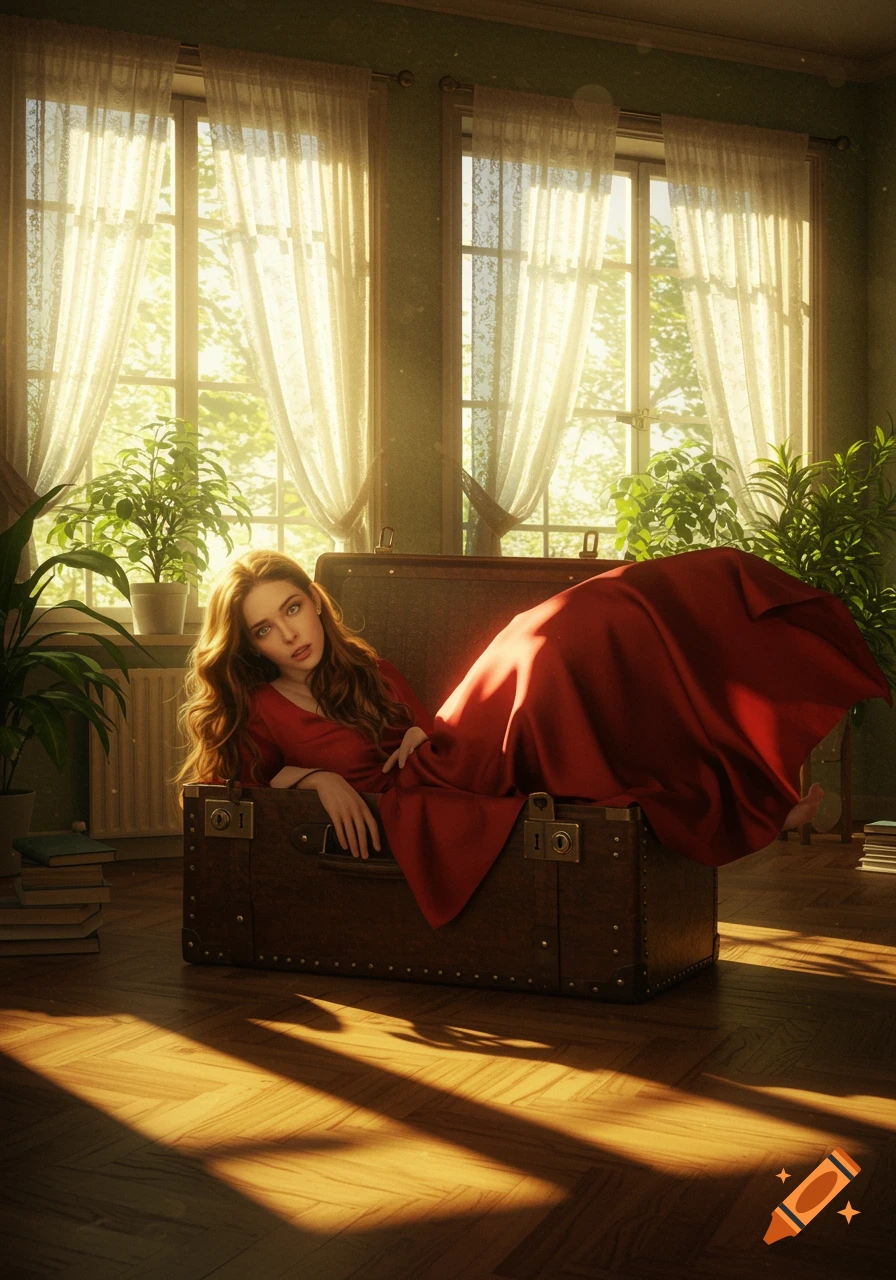 A woman with long red hair lies in a large open vintage suitcase, wearing a flowing red dress, in a sunlit room with plants.