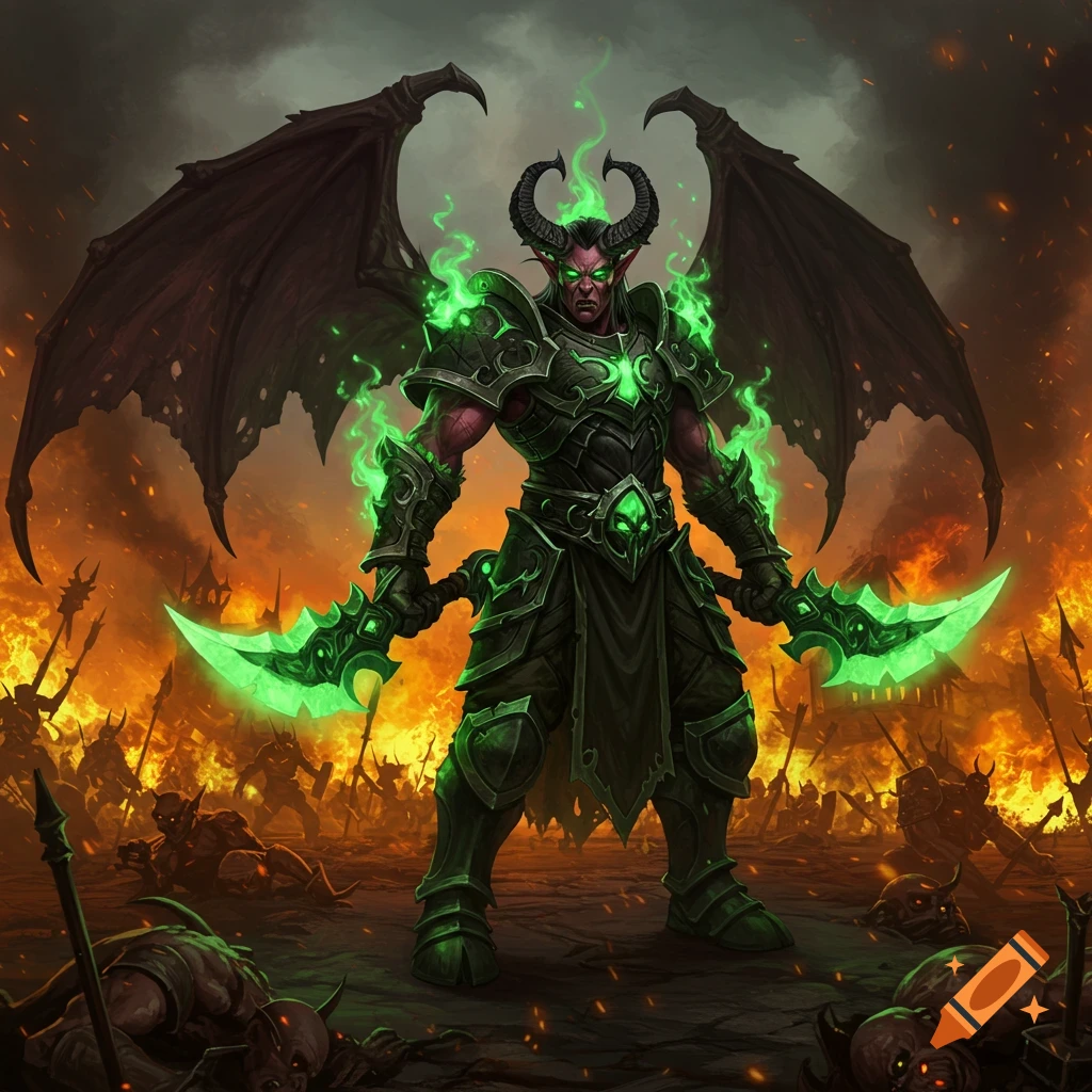 A demonic demon hunter with green glowing warglaives stands amidst a fiery, war-torn town with fallen demons.