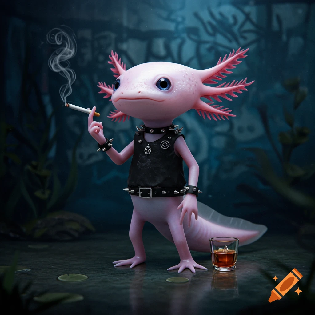 A photorealistic goth axolotl with a studded vest smokes a cigarette and stands next to a glass of bourbon in a dark, watery environment.