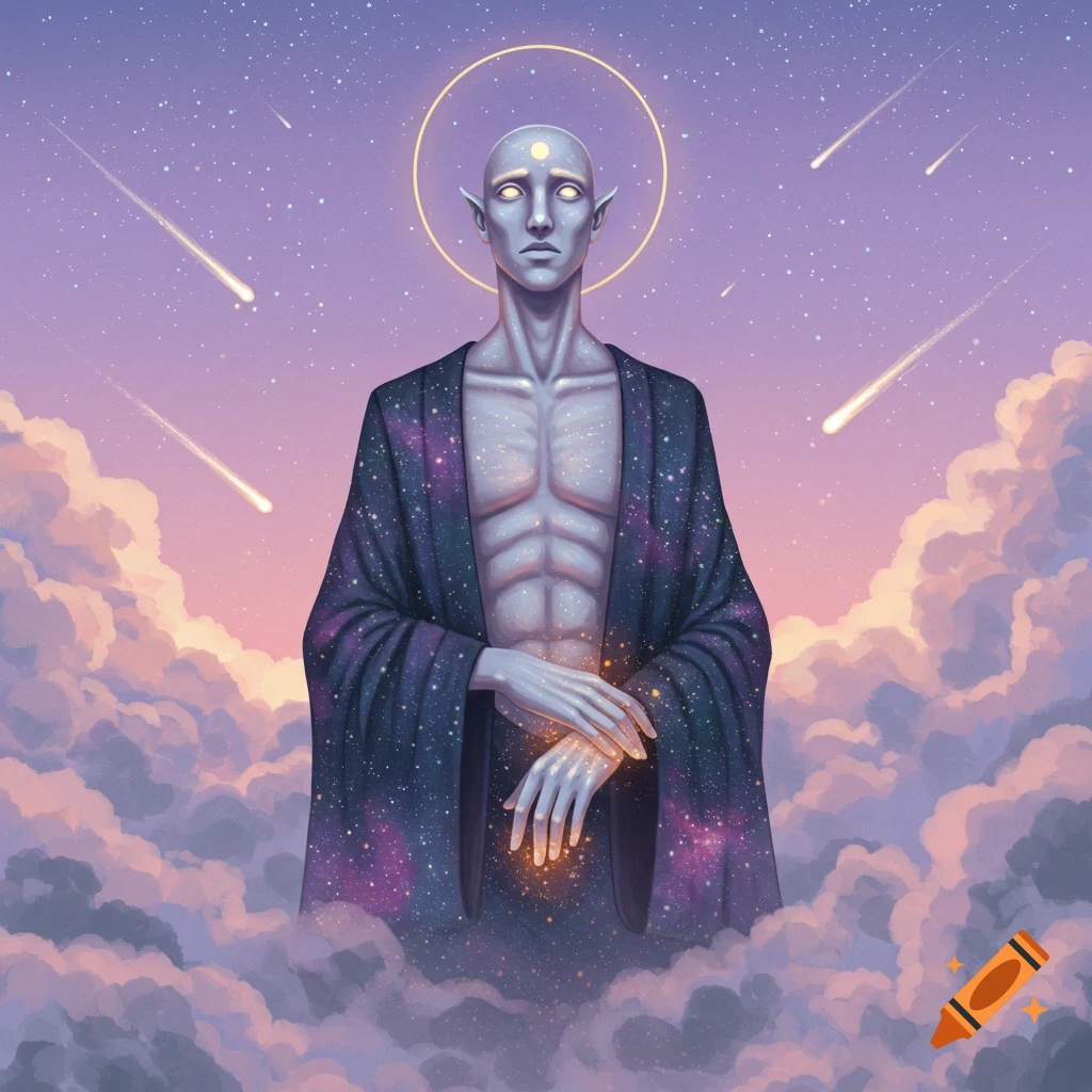 A serene celestial being with glowing eyes and hands, wearing a starry robe, stands among clouds and shooting stars in a cosmic sky.
