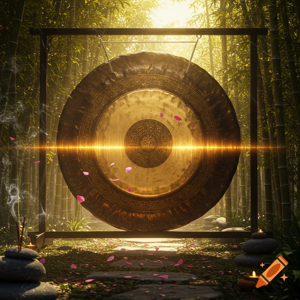 A golden gong emits a light beam in a serene bamboo forest, surrounded by incense and candles on the mossy ground.