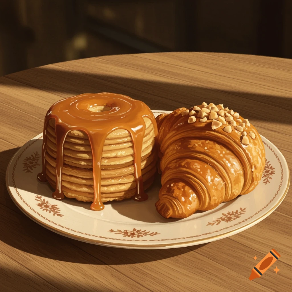 A stack of caramel-covered pancakes and a nut-topped croissant on a patterned plate, lit by sunlight on a wooden table.