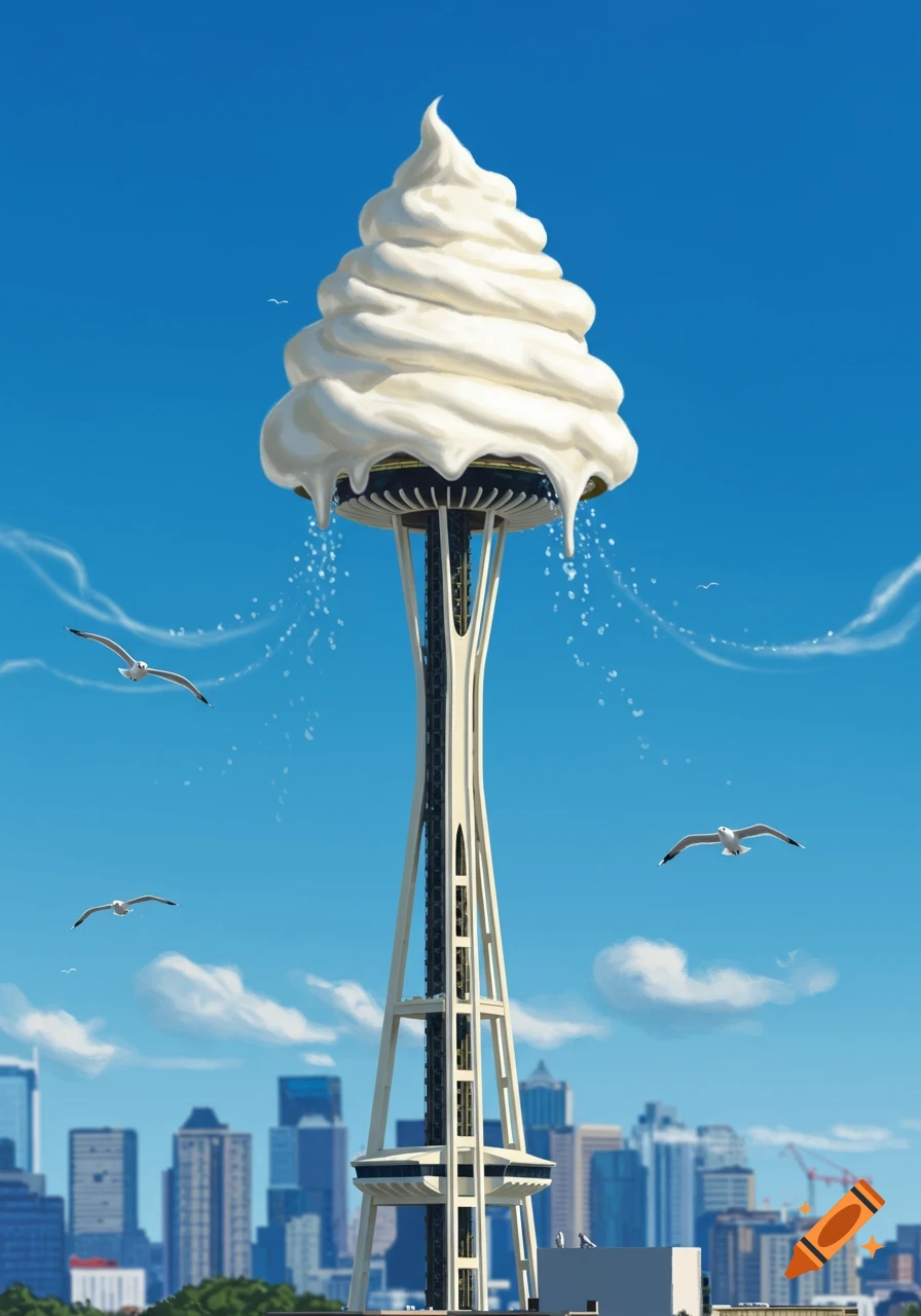 Seattle Space Needle topped with a giant swirl of melting whipped cream against a bright blue sky, with seagulls and city buildings.