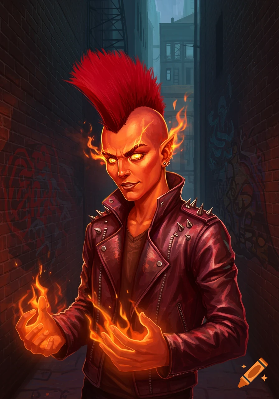A fire Genasi with a red mohawk and leather jacket stands in an alley, conjuring flames.