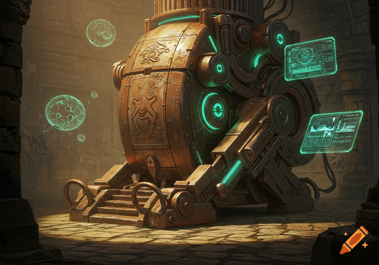 A large, ornate, rusty machine with glowing green lights and floating energy orbs, set in ancient ruins with data screens.