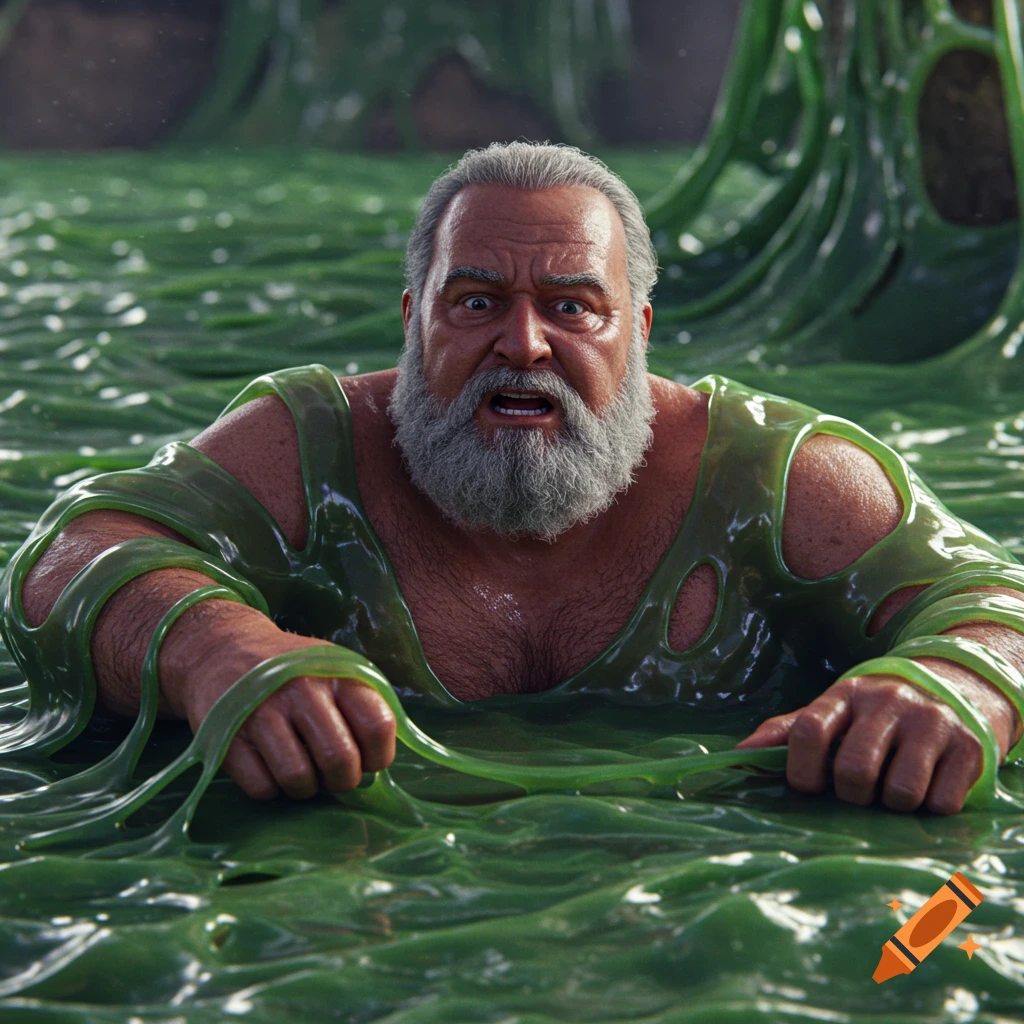 Photorealistic image of a bearded man struggling in a pool of bright green, viscous slime that appears to be consuming him.