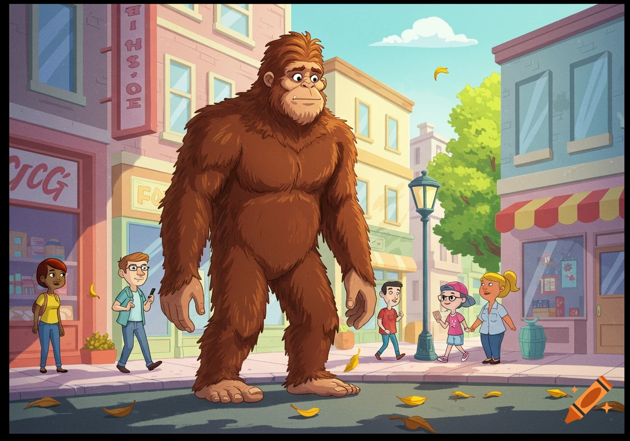 A large, brown, furry Bigfoot stands on a bustling city sidewalk, looking at people passing by in a cartoon style illustration.