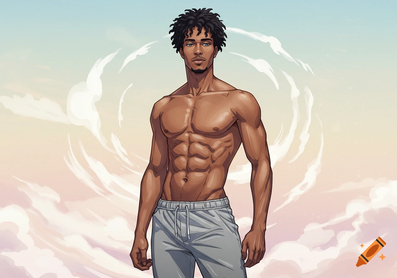 Anime style illustration of a shirtless, muscular man with dark curly hair and blue eyes, wearing gray joggers, against a light sky background.