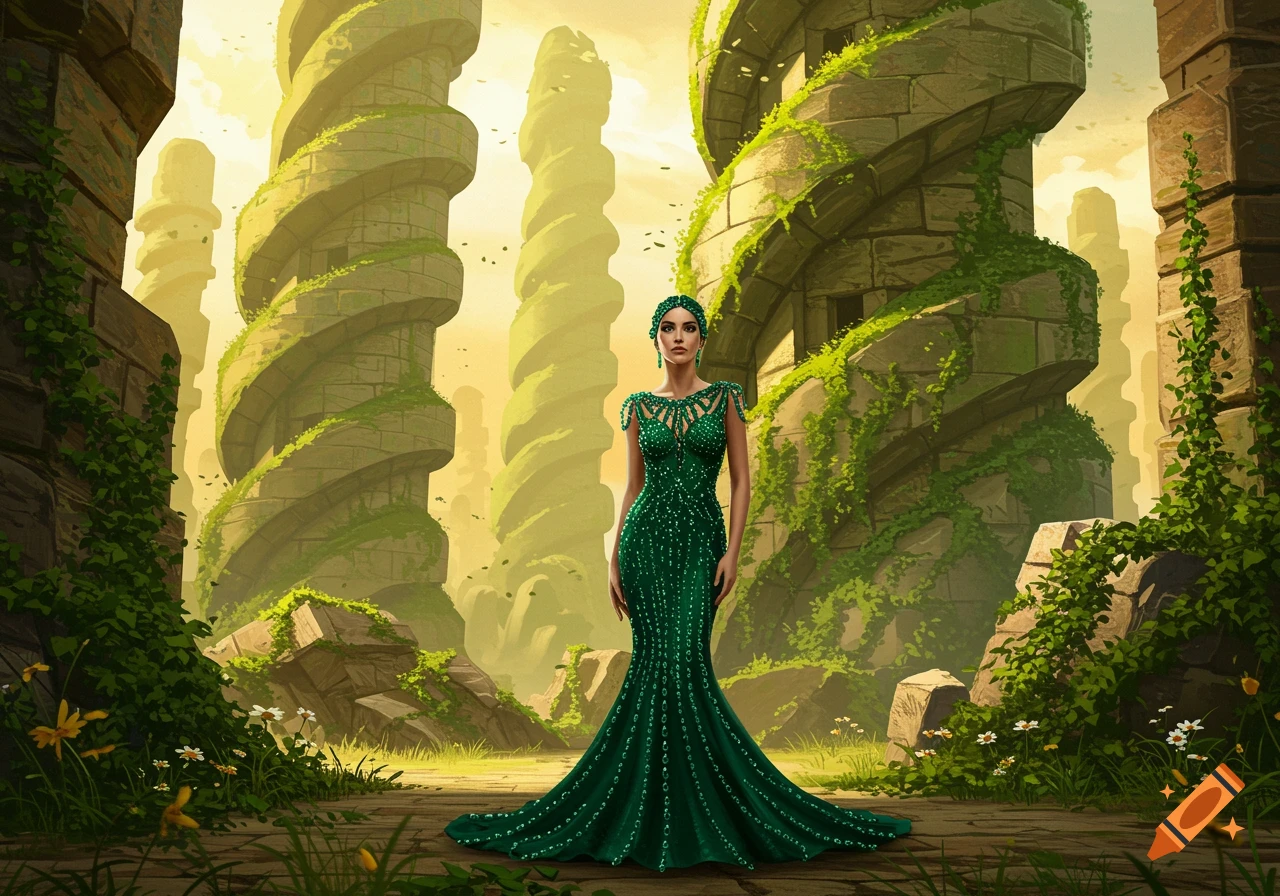 A woman in a sparkling green dress stands amidst overgrown ancient stone towers in a fantasy landscape.