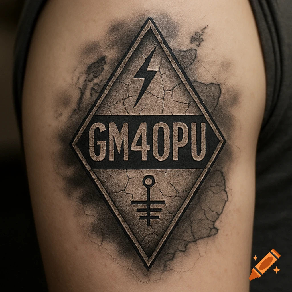 Photorealistic black and gray diamond-shaped tattoo on an upper arm, featuring 'GM40PU' text, a lightning bolt, and a grounding symbol with a cracked texture.