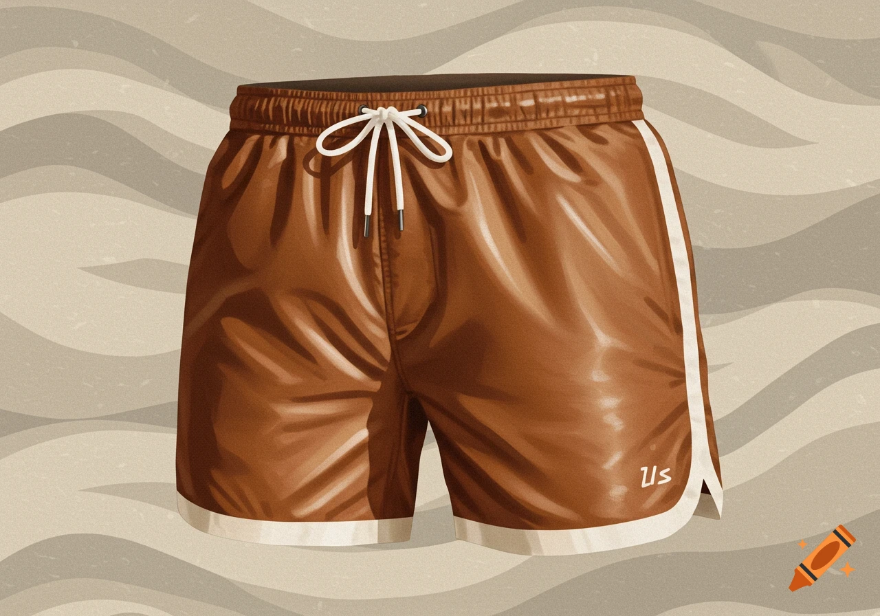 Brown swimming shorts with white side stripes and trim, white drawstring, and a wavy textured background.