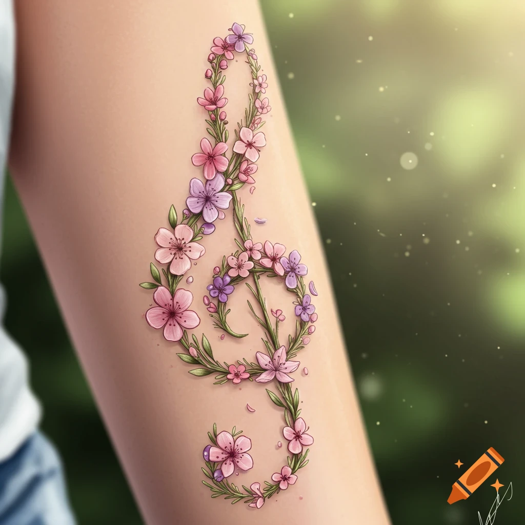 A delicate floral treble clef tattoo on a person's forearm, composed of pink and purple flowers and green leaves, against a blurred green background.
