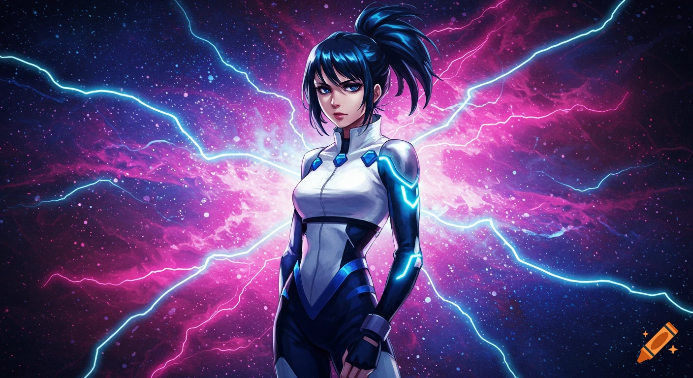 Anime character Momo Ayase in a white and blue sci-fi suit, standing against a vibrant cosmic background with pink and blue lightning.