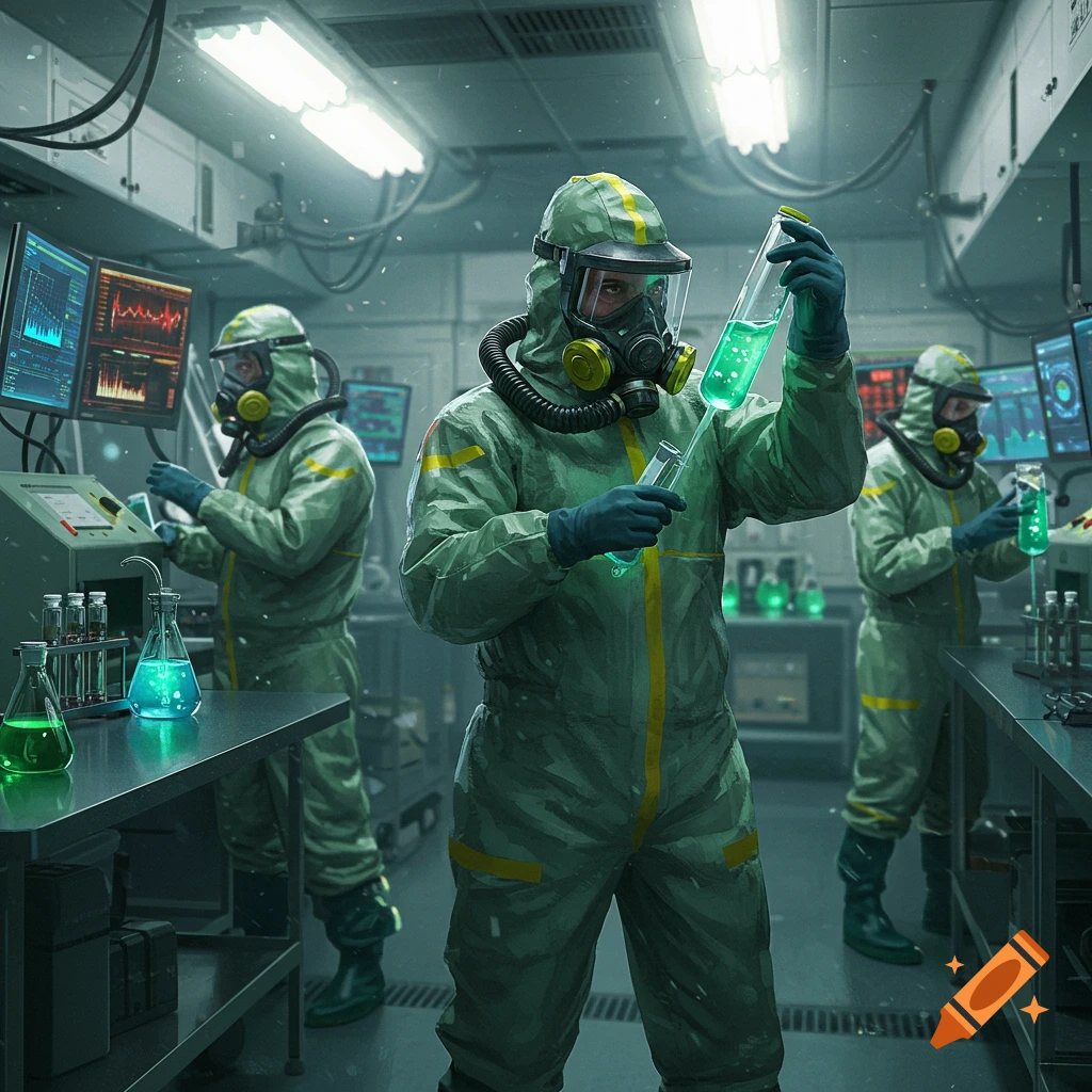 Three people in green hazmat suits work in a dimly lit science laboratory, handling glowing green and blue chemicals in beakers and test tubes.