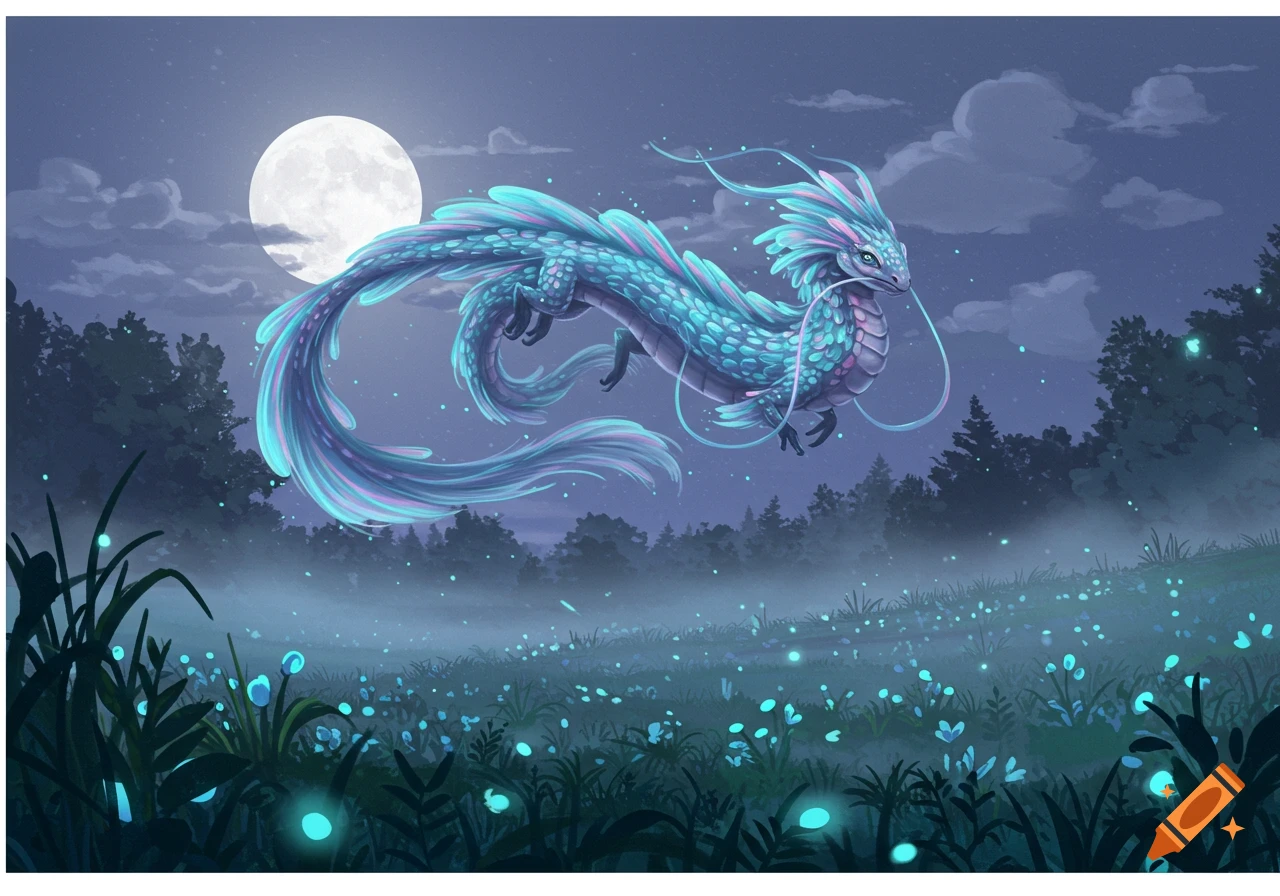 A vibrant blue and purple dragon flies under a full moon over a misty, glowing landscape at night, in an illustrated fantasy style.