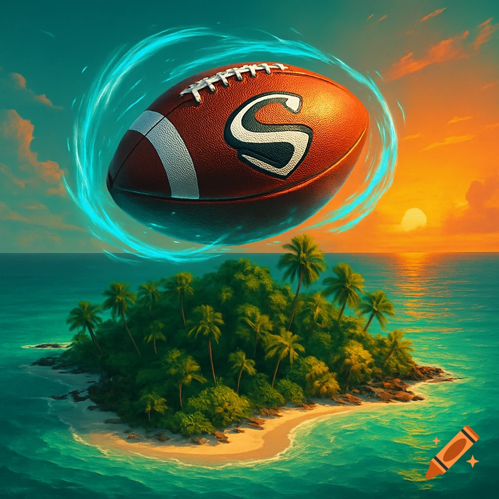 A football with an 'S' logo floats above a lush tropical island at sunset, rendered in a vibrant digital art style.