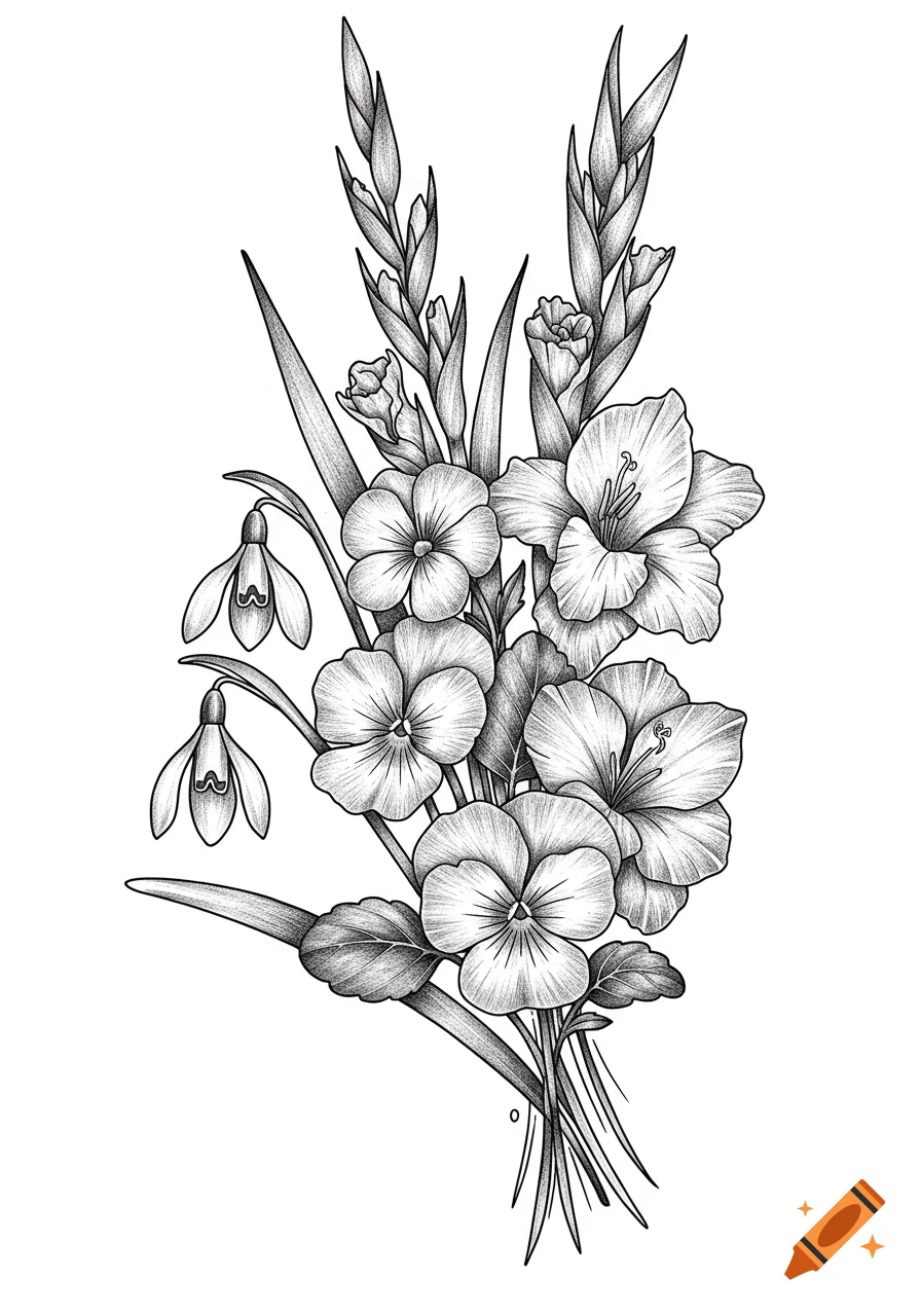 A black and white line art illustration of a bouquet featuring snowdrops, violets, and gladioli.