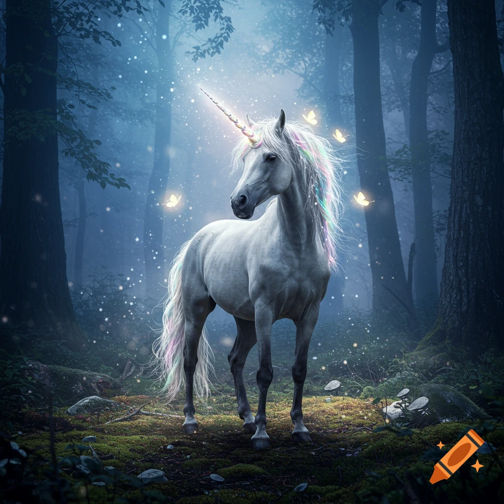 A white unicorn with a glowing horn and rainbow mane stands in a mystical, dark forest filled with sparkling dust and glowing butterflies.