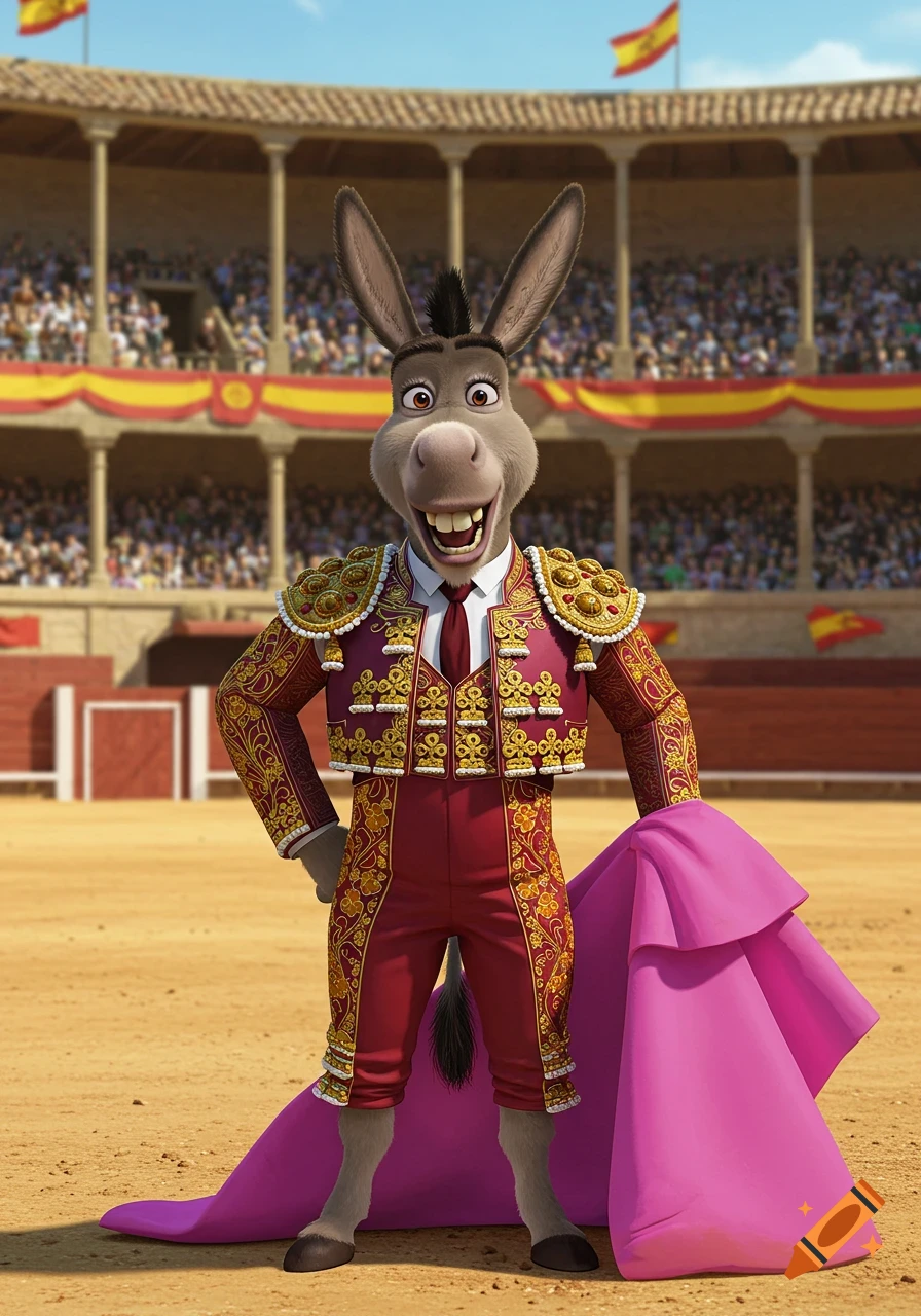 Donkey from Shrek dressed as a bullfighter, standing in a bullring with a pink cape, in 3D animation style.