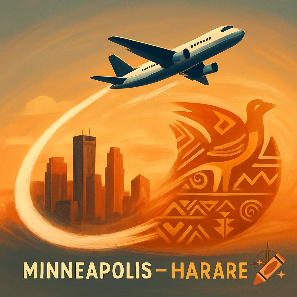 A stylized travel poster showing an airplane flying over a cityscape towards a tribal bird symbol, with 'MINNEAPOLIS - HARARE' text below.