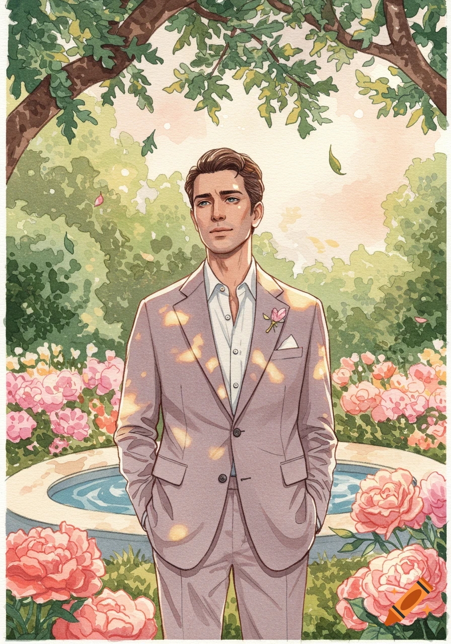 Watercolor illustration of a man in a light suit standing in a sunny garden with pink flowers and a fountain.