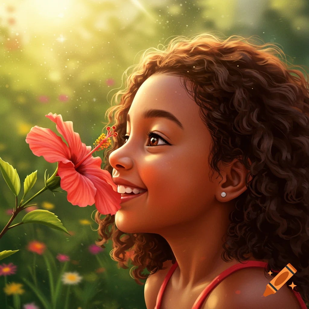 Close-up of a smiling young girl with curly hair smelling a pink hibiscus flower in a sunlit garden.